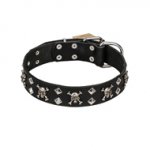 FDT Artisan Fancy Rock 'n' Roll Style Leather Mastiff Collar with Skulls, Bones and Studs 1 1/2 inch (40 mm) wide