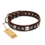 'Perfect Impression' FDT Artisan Mastiff Brown Leather Dog Collar with Silvery Square Studs - 1 1/2 inch (40 mm) Wide