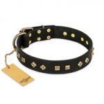 "Rhomb Style" FDT Artisan Decorated Leather Mastiff Collar with Old Bronze-Plated Studs 1 1/2 inch (40 mm) Wide