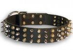 Leather dog collar with 3spikes+3old brass pyramids for big dods