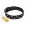 "Power-Flower" FDT Artisan Black Leather Mastiff Collar with Two Rows of Silver-like Studs with Engraved Flowers