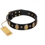 "Gilded Stones" FDT Artisan Black Leather Mastiff Collar with Old Bronze-like Ovals and Studs - 1 1/2 inch (40 mm) wide