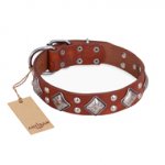 "Magic Squares" FDT Artisan Tan Leather Mastiff Collar with Silver-like Decor
