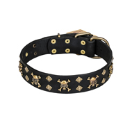 'Jolly Rojer' FDT Artisan Mastiff Leather Dog Collar with Pirate Skulls and Studs - 1 1/2 inch (40 mm) wide