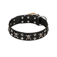FDT Artisan Fancy Rock 'n' Roll Style Leather Mastiff Collar with Skulls, Bones and Studs 1 1/2 inch (40 mm) wide