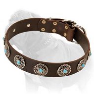 Luxurious and Practical Leather Dog Collar with Blue Stones for Mastiff Breed  Luxurious and Practical Leather Dog Collar with Blue Stones for Mastiff Breed