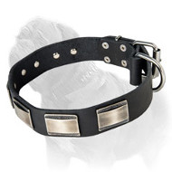 Leather Mastff Collar with Silvery Nickel Carved Plates for Daily Walks