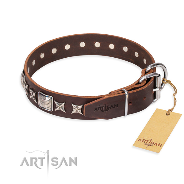 Daily walking genuine leather collar with decorations for your four-legged friend