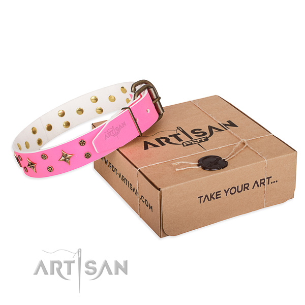 Embellished natural genuine leather dog collar for stylish walking