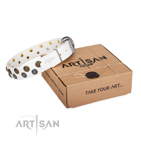 Natural genuine leather dog collar with decorations for daily use