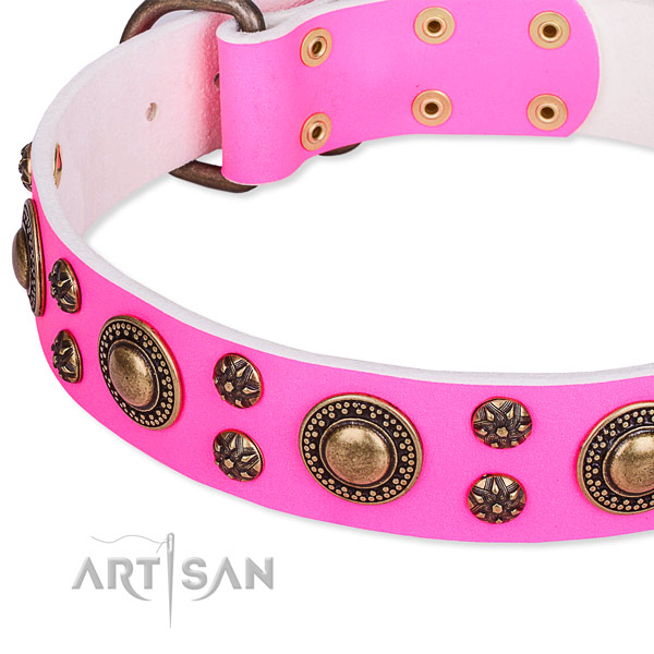 Natural genuine leather dog collar with fashionable decorations