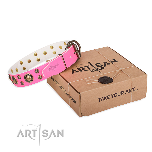 Natural genuine leather dog collar with decorations for handy use