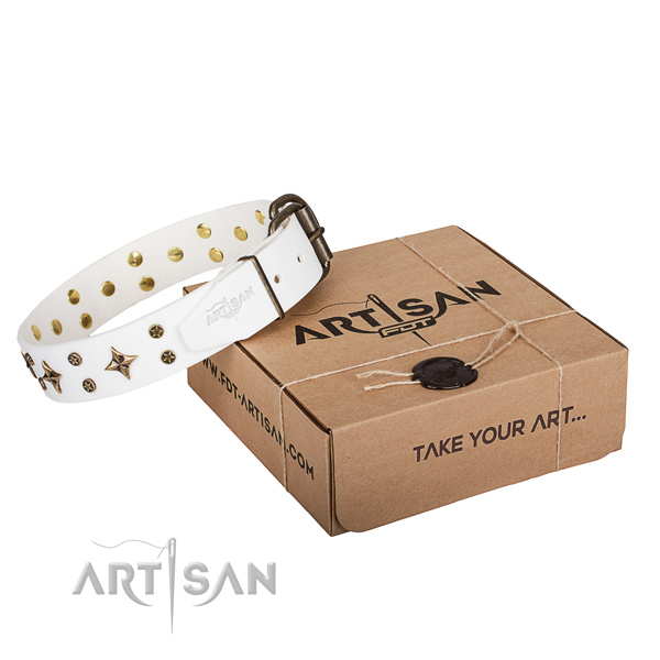Studded natural genuine leather dog collar for comfortable wearing