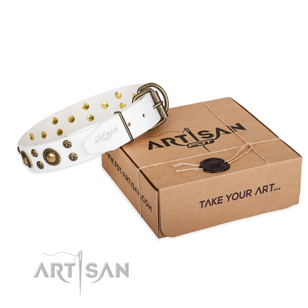 Natural genuine leather dog collar with embellishments for daily use