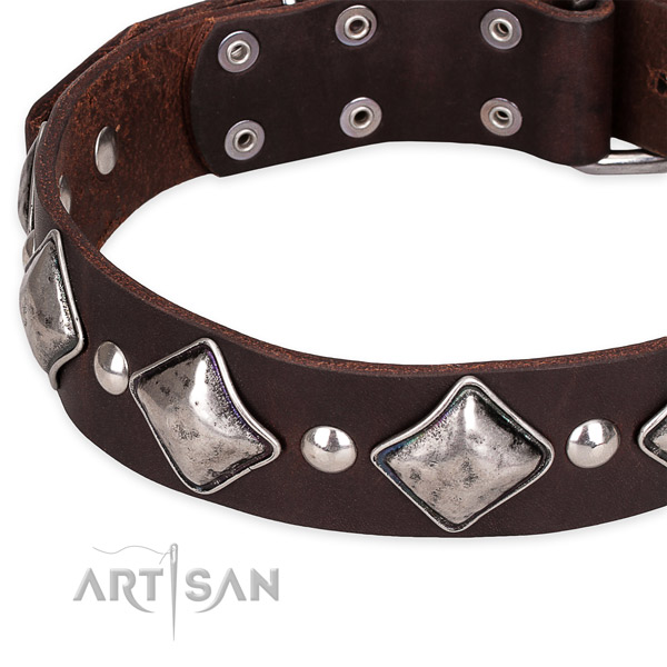 Easy to adjust leather dog collar with resistant chrome plated buckle