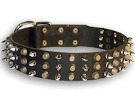 Leather dog collar with 3spikes+3old brass pyramids for big dods