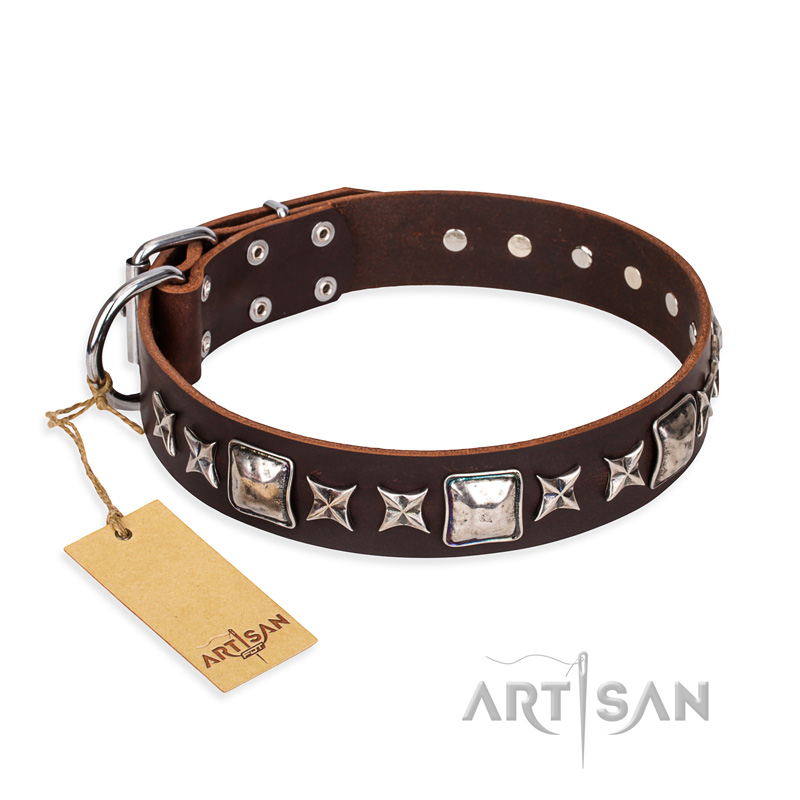 'Perfect Impression' FDT Artisan Mastiff Brown Leather Dog Collar with Silvery Square Studs - 1 1/2 inch (40 mm) Wide