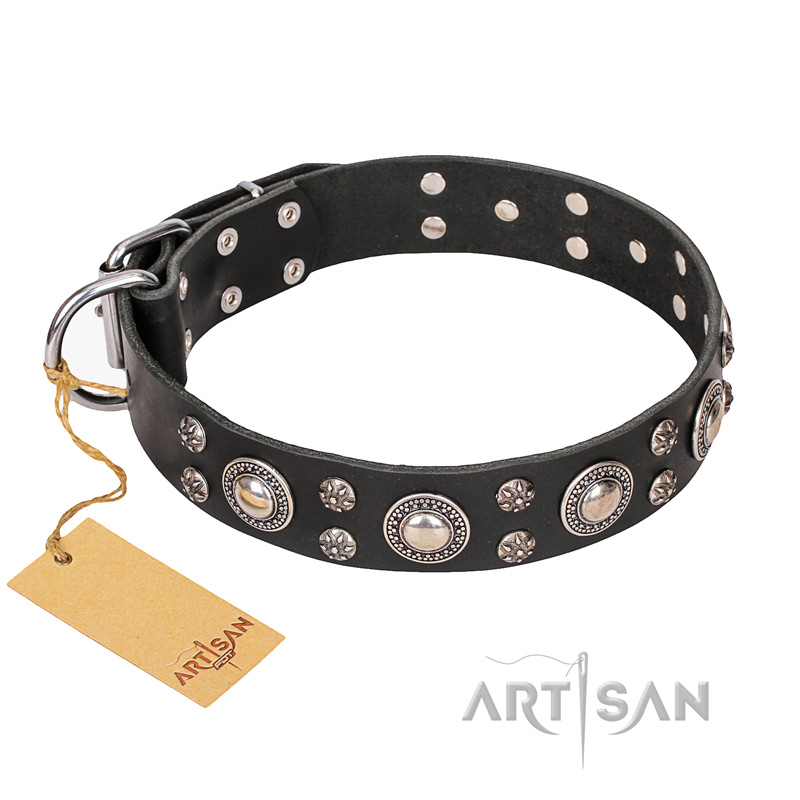 FDT Artisan 'Vintage Necklace' Decorated Leather Mastiff Dog Collar with Circles and Studs - 1 1/2 inch (40 mm) wide