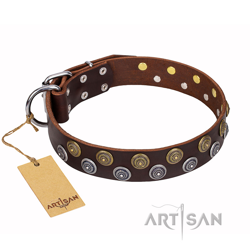 'Strong Shields' Decorated FDT Artisan Brown Leather Mastiff Collar - 1 1/2 inch (40 mm) wide