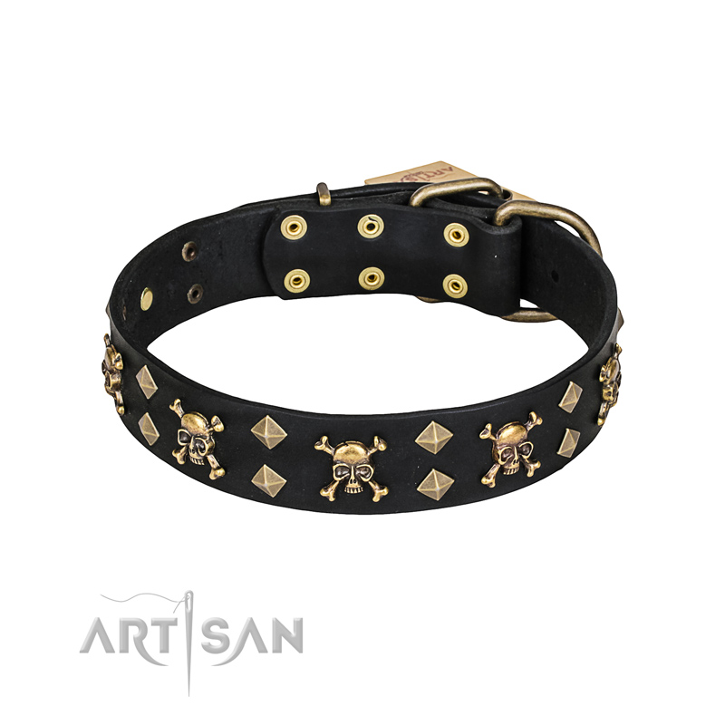 'Jolly Rojer' FDT Artisan Mastiff Leather Dog Collar with Pirate Skulls and Studs - 1 1/2 inch (40 mm) wide