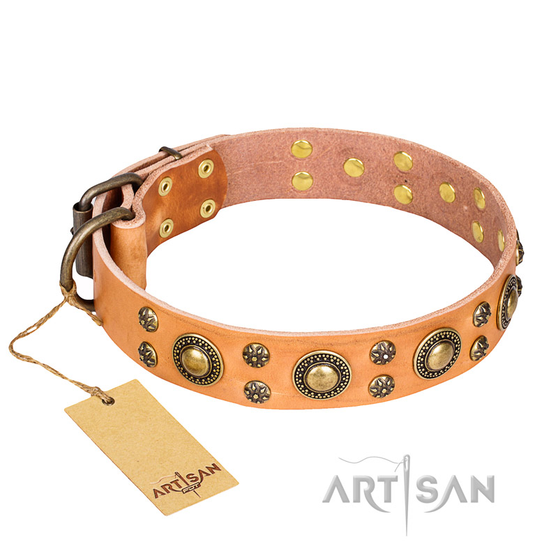'Sophisticated Glamor' FDT Artisan Tan Leather Mastiff Collar with Fancy Old-Bronze Plated Decorations