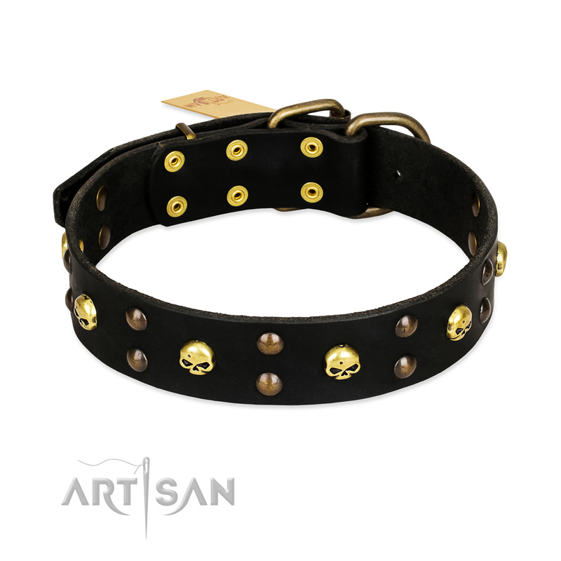 FDT Artisan 'Heavy Metal' Embellished Leather Mastiff Collar with Skulls and Studs 1 1/2 inch (40 mm)