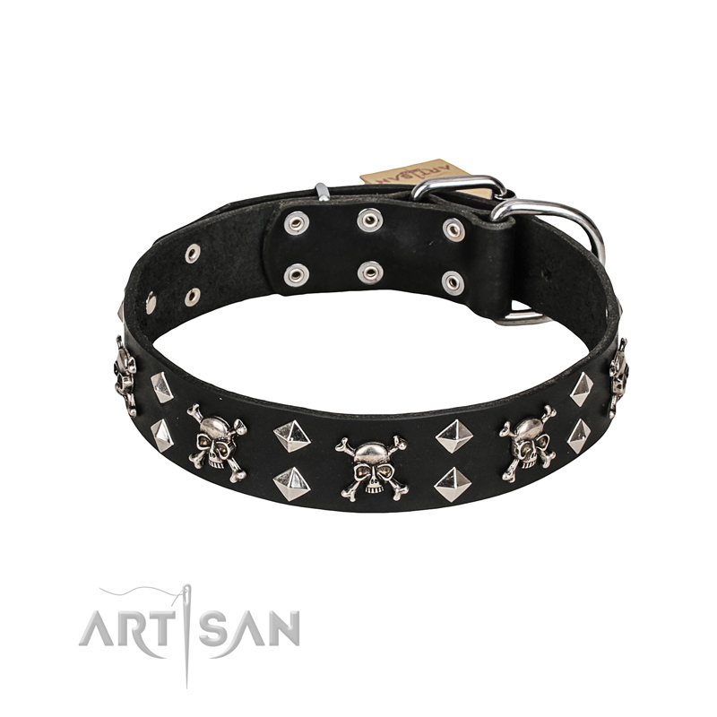 FDT Artisan Fancy Rock 'n' Roll Style Leather Mastiff Collar with Skulls, Bones and Studs 1 1/2 inch (40 mm) wide