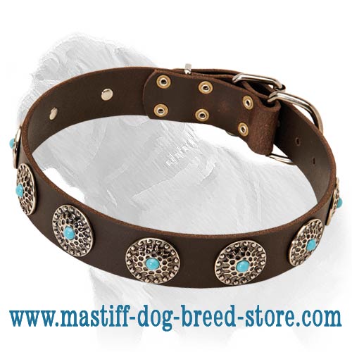 Luxurious and Practical Leather Dog Collar with Blue Stones for Mastiff Breed