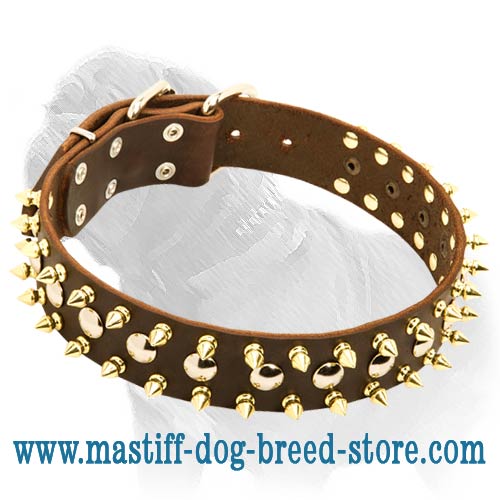 Fashion Leather Dog Collar with Goldish Spikes and Nickel Studs for Mastiff Walking