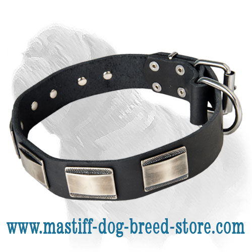 Leather Mastff Collar with Silvery Nickel Carved Plates for Daily Walks - Click Image to Close