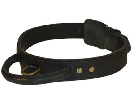 Tac-Black Leather Agitation Collar With Handle for Mastiff