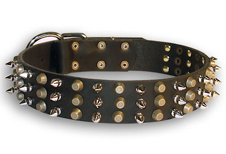 Leather dog collar with 3spikes+3old brass pyramids for big dods