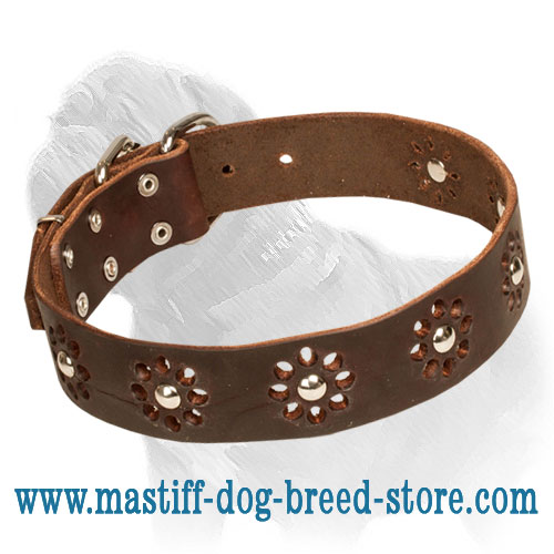 'Elegant Flower' Mastiff Leather Dog Collar