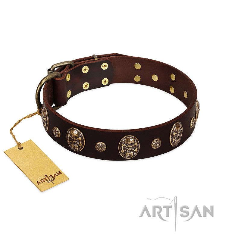 "Breaking the Horizon" FDT Artisan Brown Leather Mastiff Collar with Engraved Studs and Medallions