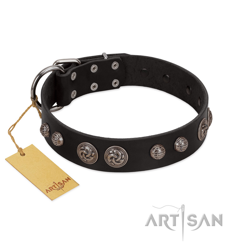 "Tricky Ricky" FDT Artisan Black Leather Mastiff Collar Adorned with Silver-Like Conchos - Click Image to Close