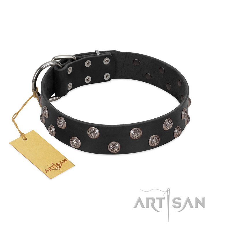 "Power-Flower" FDT Artisan Black Leather Mastiff Collar with Two Rows of Silver-like Studs with Engraved Flowers - Click Image to Close