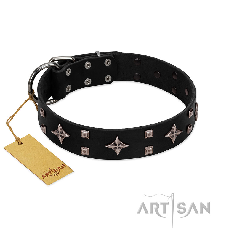 "Snappy Dresser" FDT Artisan Black Leather Mastiff Collar Adorned with Stars and Tiny Squares