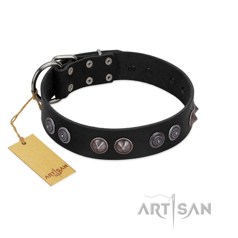 "Silver Medallions" Mod FDT Artisan Black Leather Mastiff Collar with Round Plates