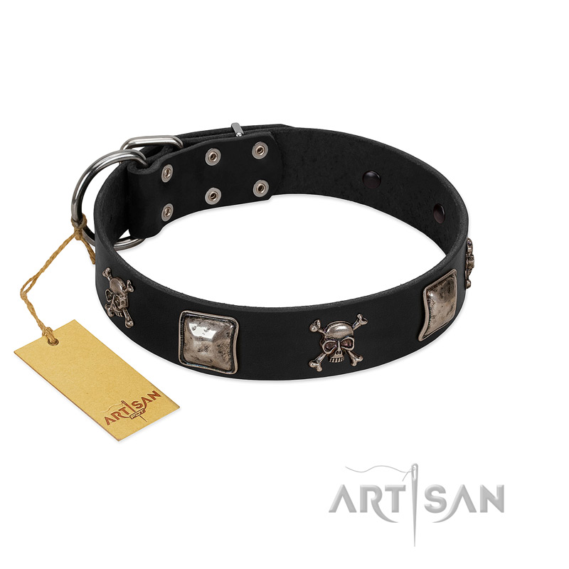 "Sea Rover" Embellished FDT Artisan Black Leather Mastiff Collar with Chrome Plated Crossbones and Plates