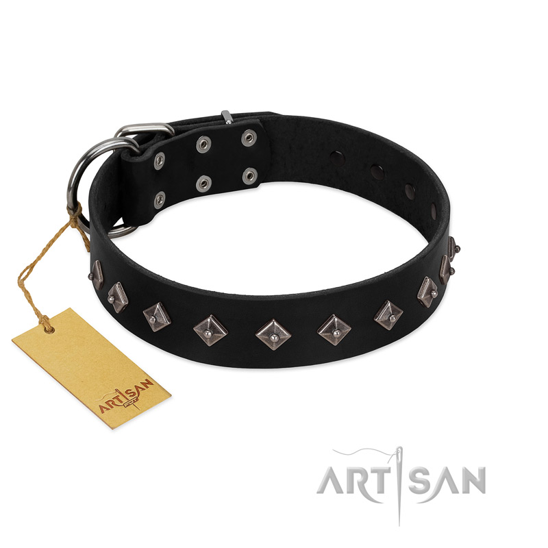 "Immense Power" Handcrafted FDT Artisan Black Leather Mastiff Collar with Small Dotted Pyramids