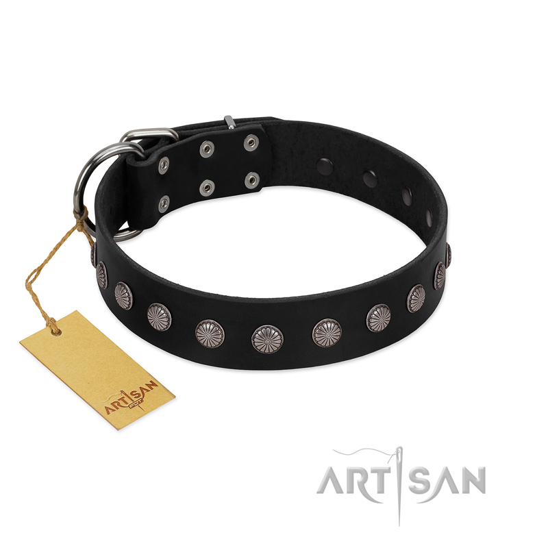 "Silver Flower" Exclusive FDT Artisan Black Leather Mastiff Collar with Silver-Like Studs - Click Image to Close