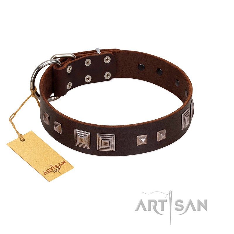 "Object of Virtu" FDT Artisan Brown Leather Mastiff Collar with Old Silver-like Square Studs and Pyramids
