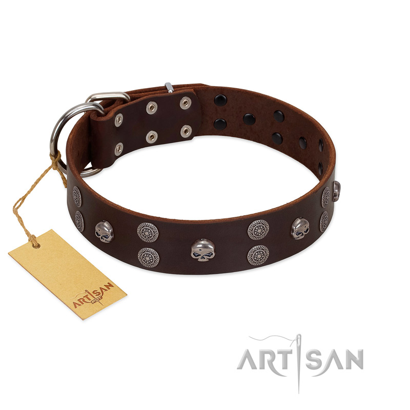 "Skull Valley" Handcrafted FDT Artisan Brown Leather Mastiff Collar with Skulls