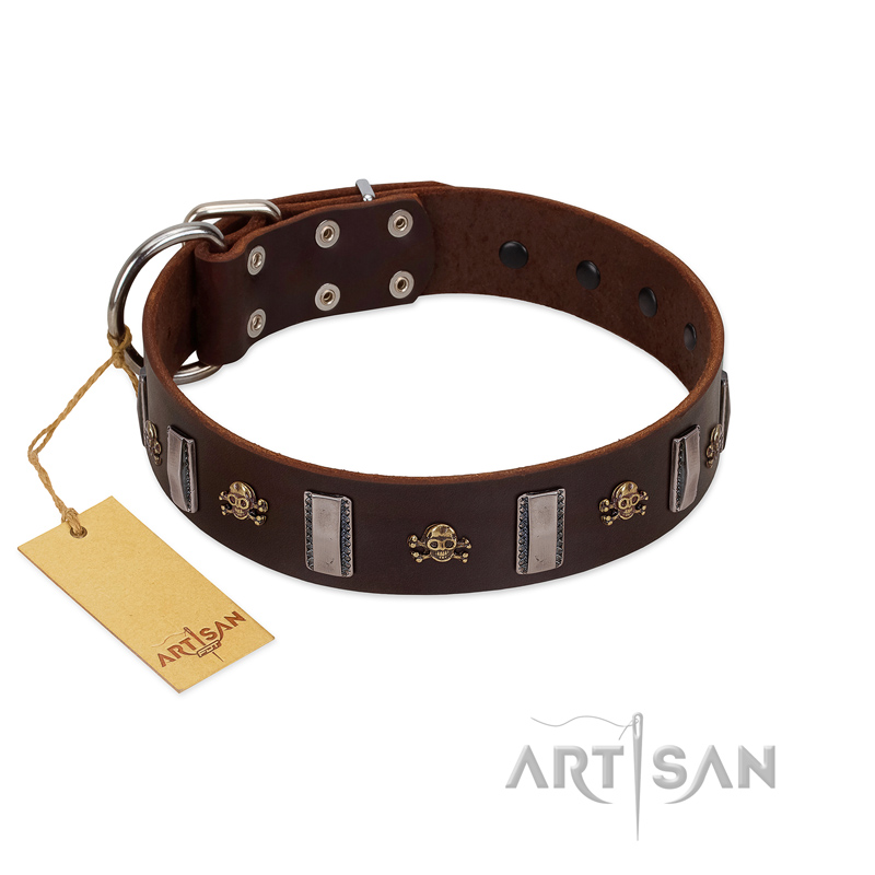 "War Chief" FDT Artisan Genuine Brown Leather Mastiff Collar with Skulls and Plates - Click Image to Close