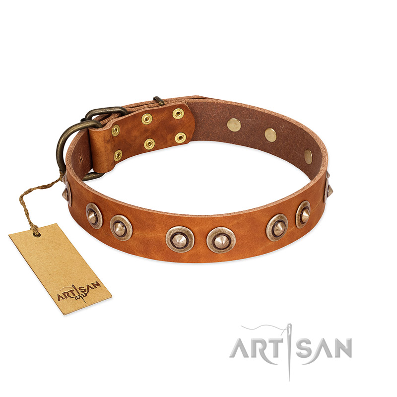 "Precious Relic" FDT Artisan Tan Leather Mastiff Collar Adorned with Old Bronze Look Studs - Click Image to Close