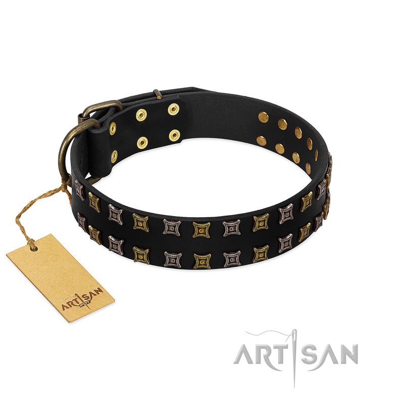 "Refined Pattern" FDT Artisan Black Leather Mastiff Collar with Two Rows of Stunning Decorations - Click Image to Close