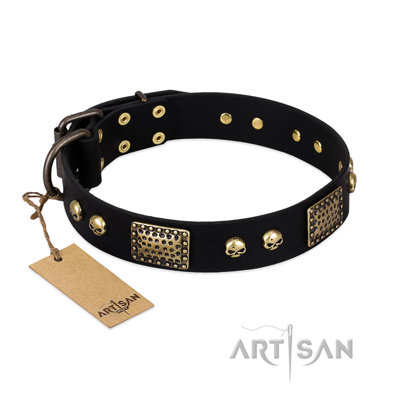 "Biker Style" FDT Artisan Black Leather Mastiff Collar with Old Bronze Look Plates and Skulls