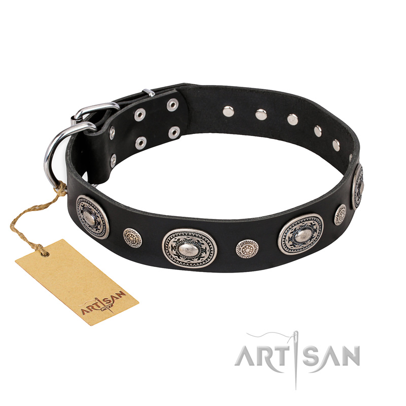 "Black Tie" FDT Artisan Leather Mastiff Collar with Old Silver-like Decorations