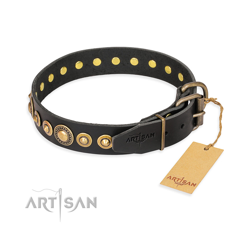 "Gold Mine" FDT Artisan Black Leather Mastiff Collar with Amazing Bronze-Plated Round Studs - Click Image to Close