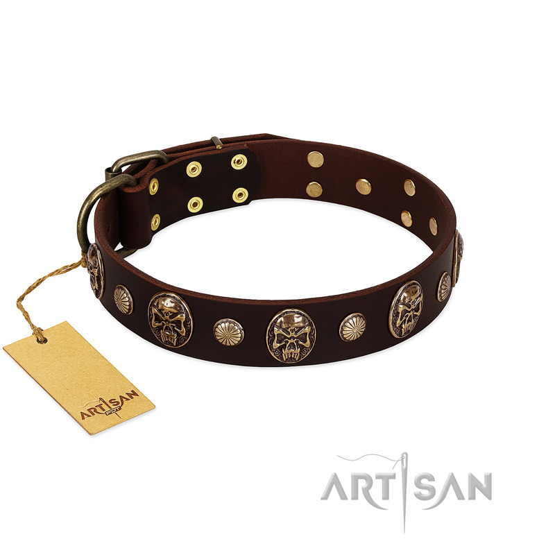 "Snazzy Paws" FDT Artisan Brown Leather Mastiff Collar Adorned with Conchos and Medallions
